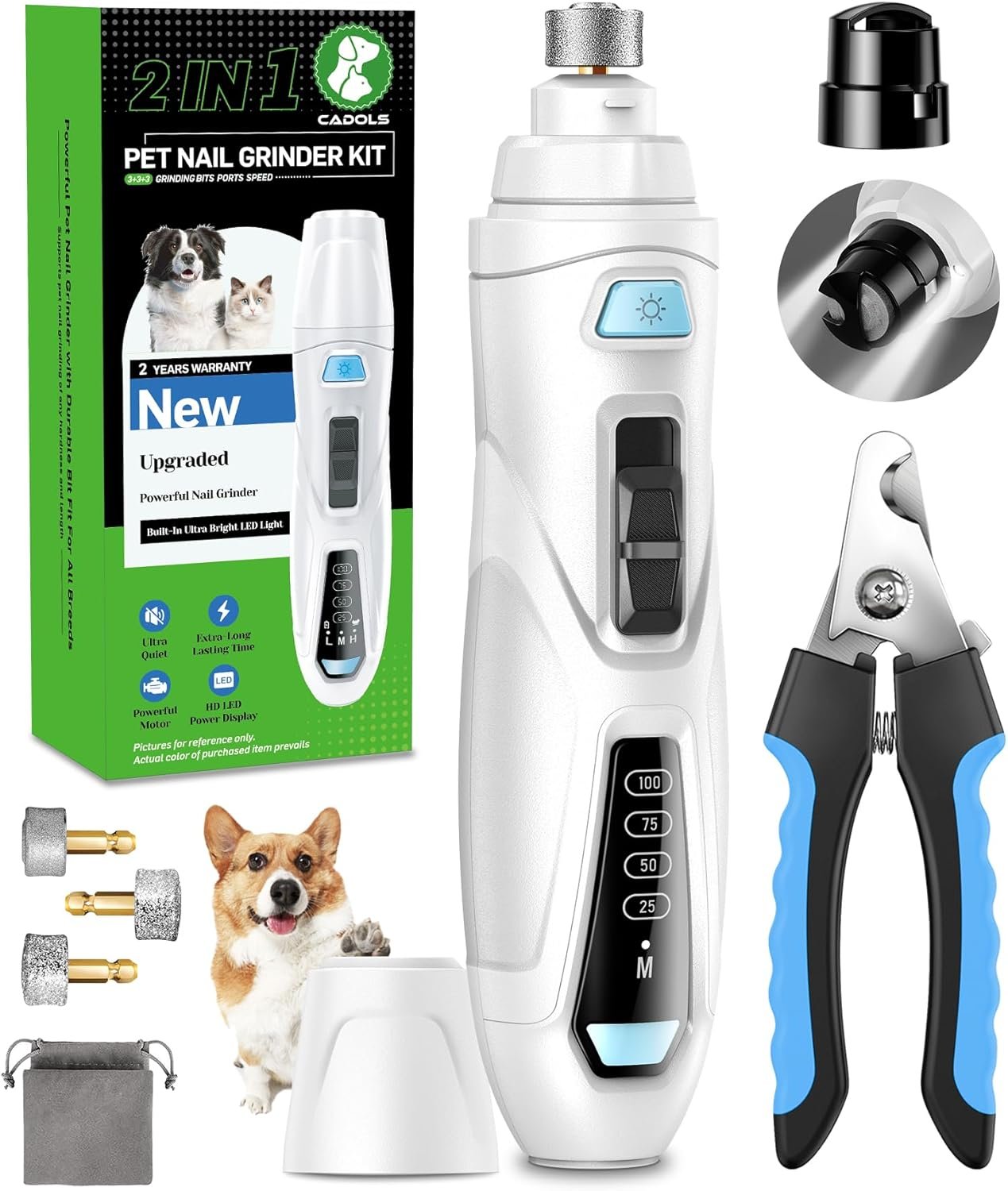 Dog Nail Grinder & Clipper 2-in-1 Set – 25dB Ultra Quiet with 3 Grinding Wheels & 2 LED Lights, Rechargeable for Large/Puppy Dogs & Cats, 3-Speed Adjustable for Anxious Pets