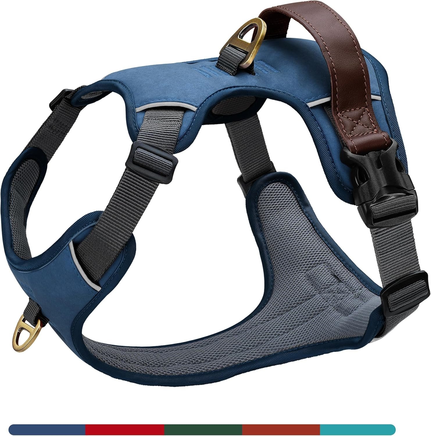 No Pull Dog Harness Small Sized Dog,Stylish PU Leather Vest with Easy Control Handle,No Choke Front Clip with 2 Metal Leash Clips,Reflective & Adjustable for Walking,Blue,Chest 19-24″