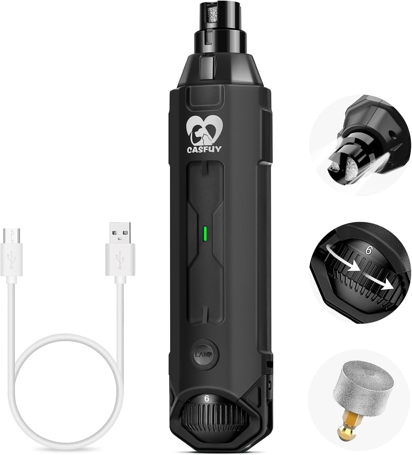 Casfuy 6-Speed Dog Nail Grinder – Newest Enhanced Pet Nail Grinder Super Quiet Electric Dog Nail Trimmer Rechargeable Painless Paws Grooming & Smoothing Tool for Large Medium Small Dogs (Grey)