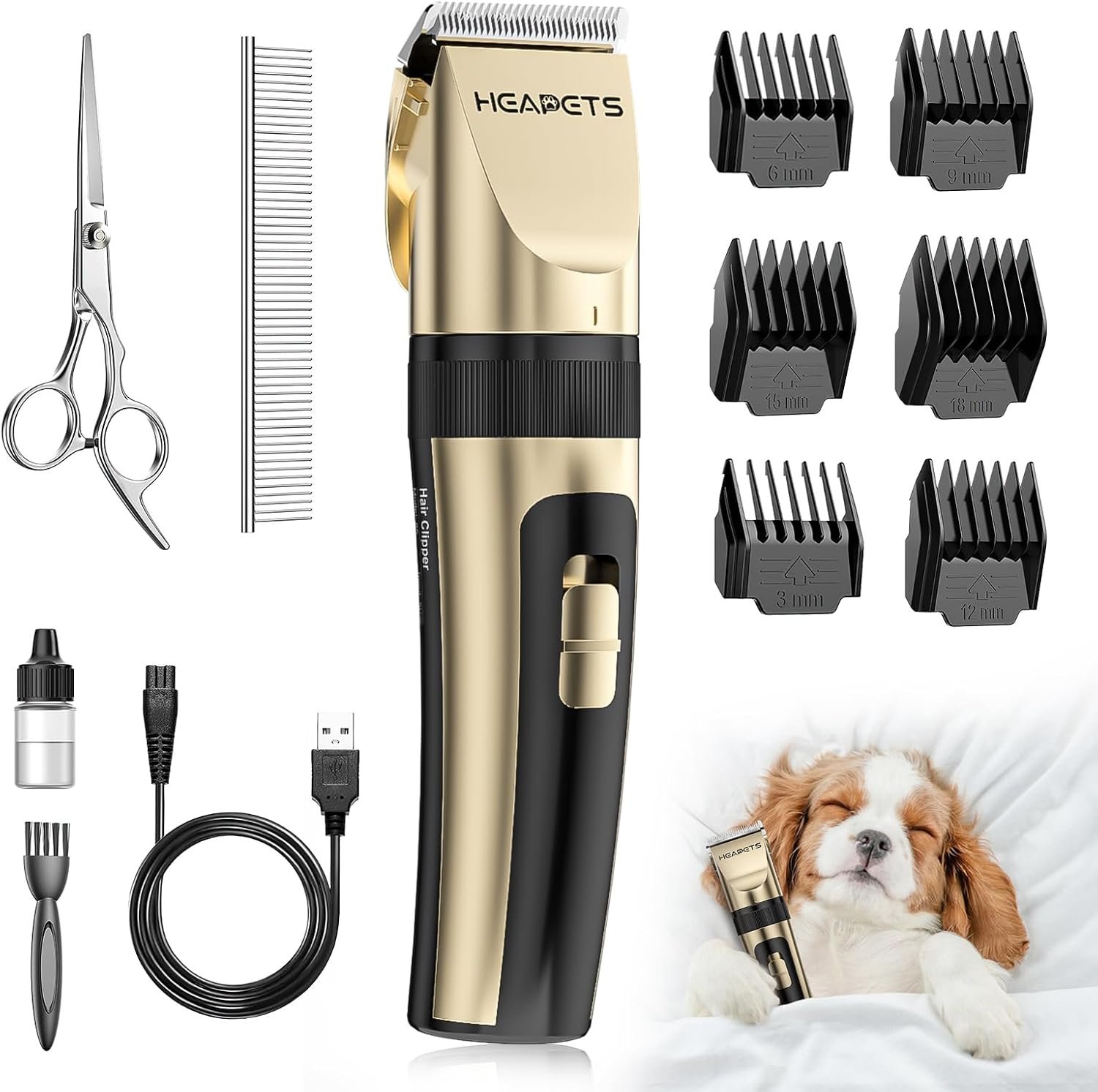 Dog Grooming Clippers, Low Noise, Electric Quiet, Adjustable Clipper Comb, Rechargeable Cordless Dog Hair Clippers for Dogs Cats Pets, Gold