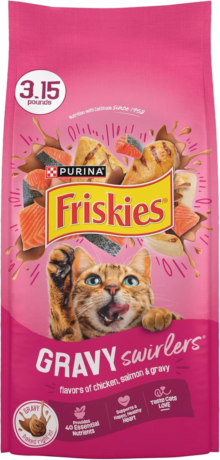 Purina Friskies Gravy Swirlers With Flavors of Chicken, Salmon and Gravy Dry Cat Food – 3.15 lb. Bag