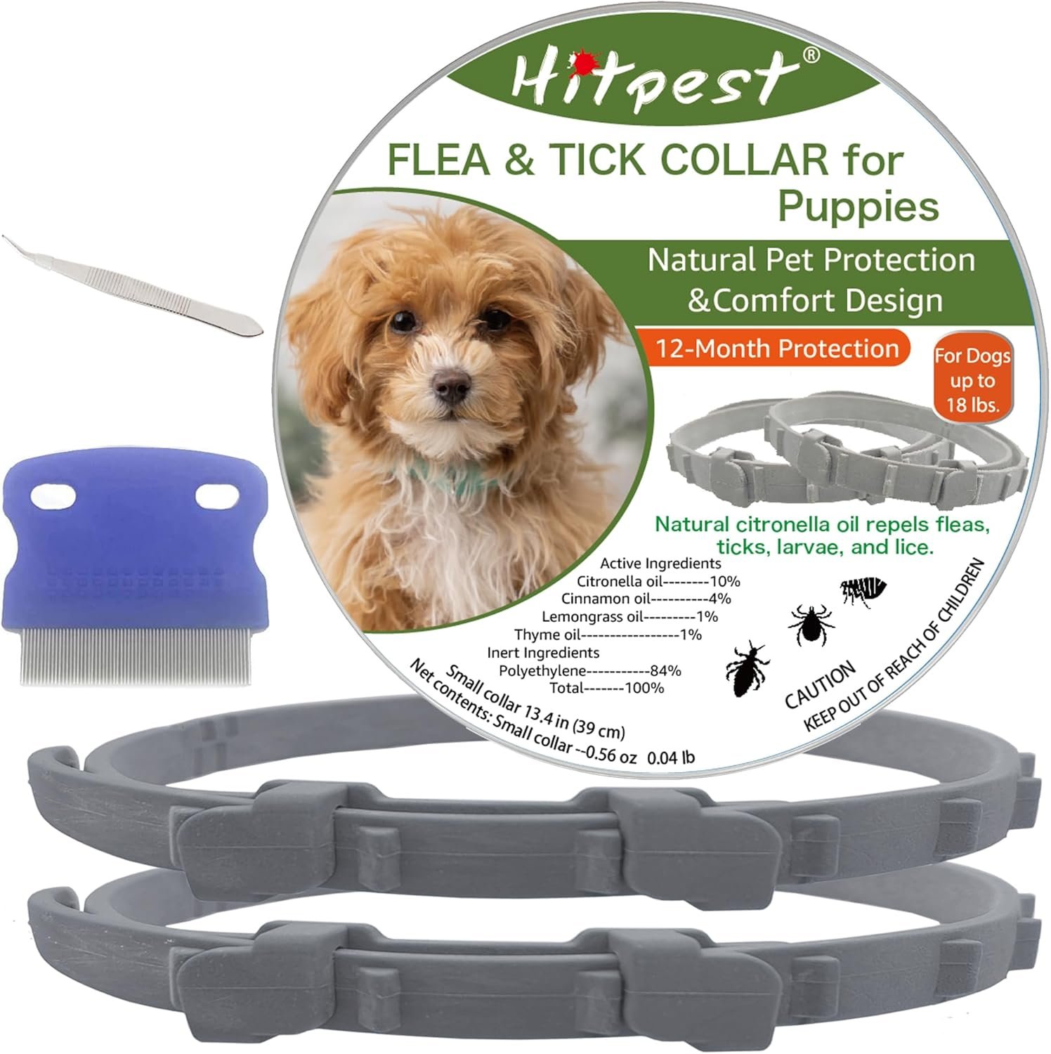Flea and Tick Collar for Puppies – 12-Month Natural Protection – Safe & Effective Flea and Tick Prevention – Includes Flea Comb and Tweezers, 2-Pack