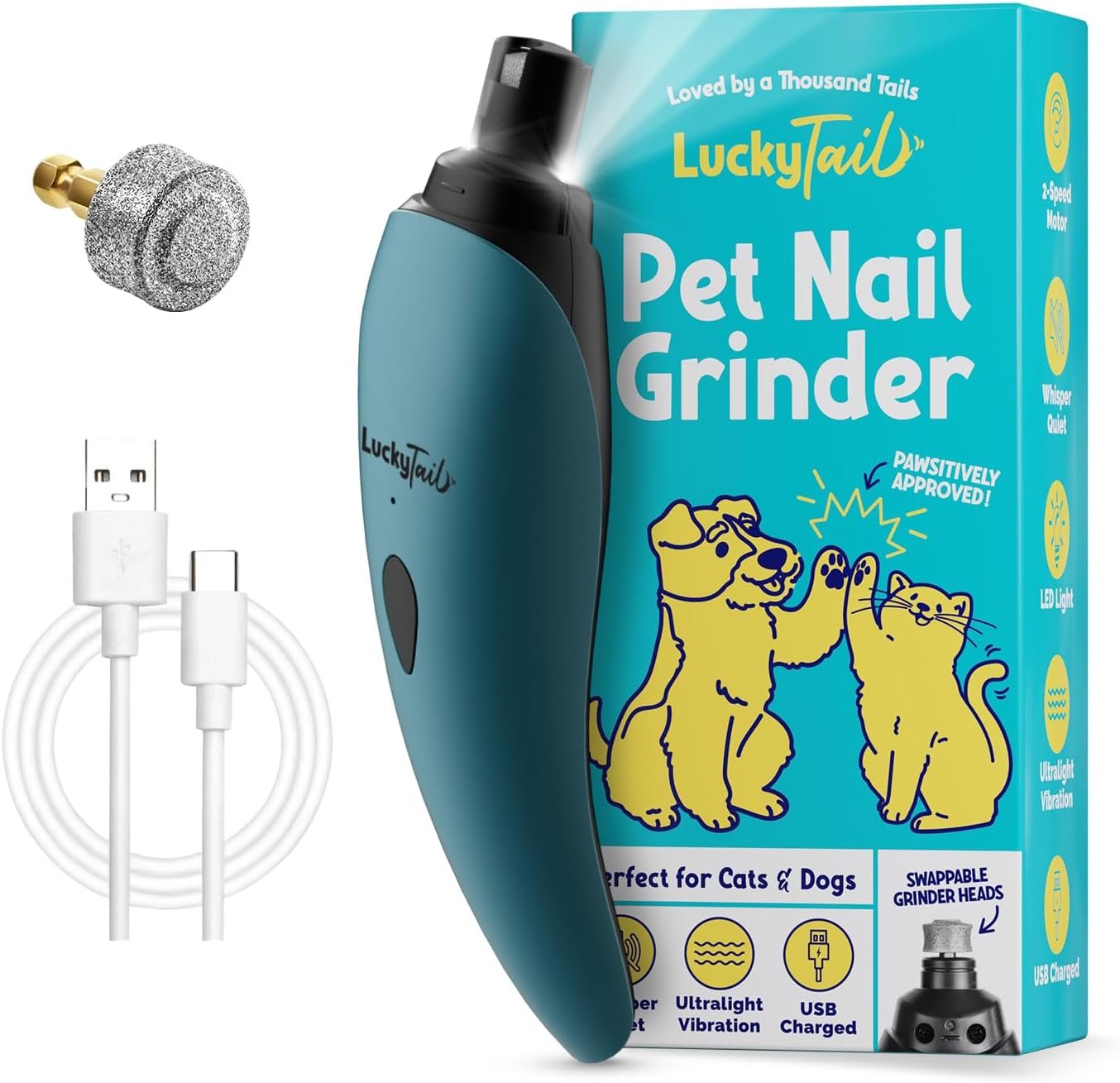 LUCKY TAIL Pet Nail Grinder for Dogs and Cats – Super Quiet and Low Vibration Electric Dog Nail Grinder with 2 LED Lights – USB Rechargeable and Cordless – 2 Speeds – Small to Large Pets – Teal